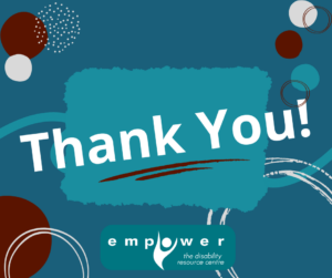 On a teal background there are circles, dots and lines in burgundy and grey decorating the edges. Title reads thank you! The Empower logo is centered below.