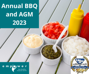 Ramekins of condiments (relish, mayonnaise, diced tomato and onion) and ketchup and mustard bottles sit on a picnic table. Title reads Annual BBQ and AGM 2023. The Empower logo is in the lower left corner. The United Sail Works Ltd logo is in the lower right corner. 