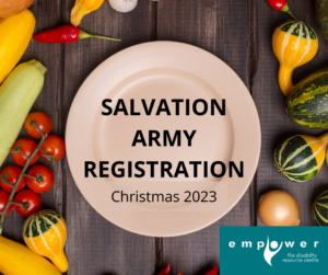 A white plate sits on a wooden table, surrounded by colorful vegetables. Title reads Salvation Army Registration, Christmas 2023. The Empower logo is in the lower right corner.