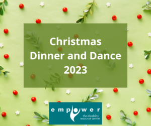 On a pale green background with red berries, white stars and green sprigs, the title reads Christmas Dinner and Dance 2023. The Empower logo is centered at the bottom.