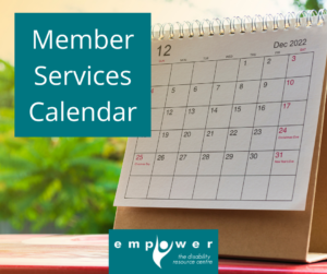 A white monthly calendar sits on a table with greenery in the background. Title reads Member Services Calendar. The Empower logo is centered at the bottom.