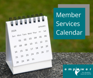 A white desktop calendar sits on a stone wall with grass behind. Title reads Member Services Calendar. The Empower logo is in the lower right corner.