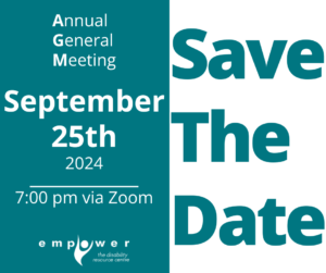 Teal and white text reads Save the Date. Annual General Meeting, September 25th, 2024, 7:00 pm via Zoom. The Empower logo is in the lower left corner.