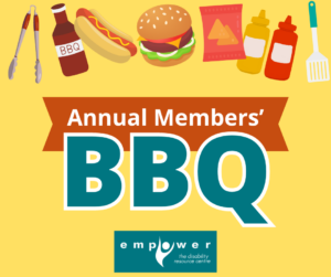 Across the top are tongs, bbq sauce, a hot dog, a burger, chips, condiment bottles and a spatula. Title reads Annual Members' BBQ. The Empower logo is centered at the bottom.