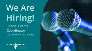 Two microphones glow from stage lights against a black sky. Text reads We are Hiring! Special Events Coordinator (Summer Student). The Empower N L logo is in the lower left corner.