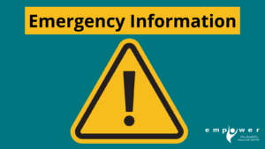 A yellow alert triangle sits over a teal background. Text reads Emergency Information. The Empower N L logo is in the lower right corner.