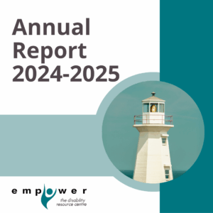 Photo of a white lighthouse against a blue sky. Text reads Annual Report 2024-2025. The EmpowerNL logo is in the lower left corner.