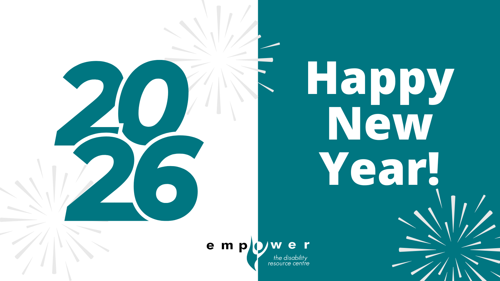On the left is a large 2026 with fireworks. On the right, text reads Happy New Year. The Empower N L logo is centered at the bottom.