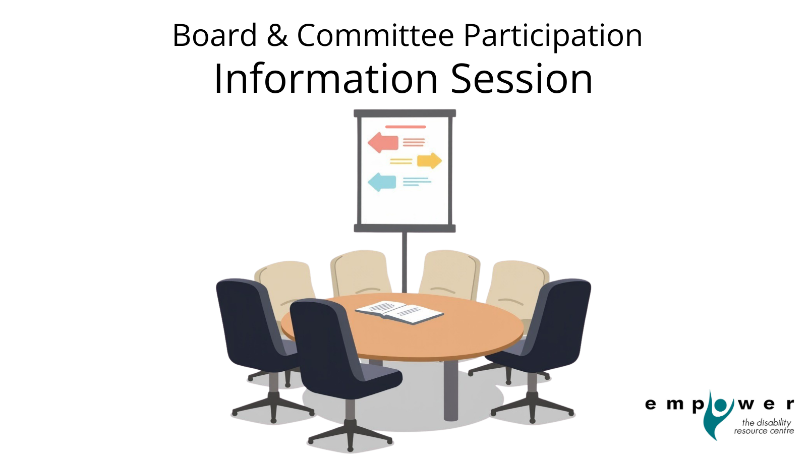 Graphic of a round board table, surrounded by chairs, with a flip board displaying information. Text reads Board and Committee Participation Information Session. The Empower N L logo is in the lower right corner.