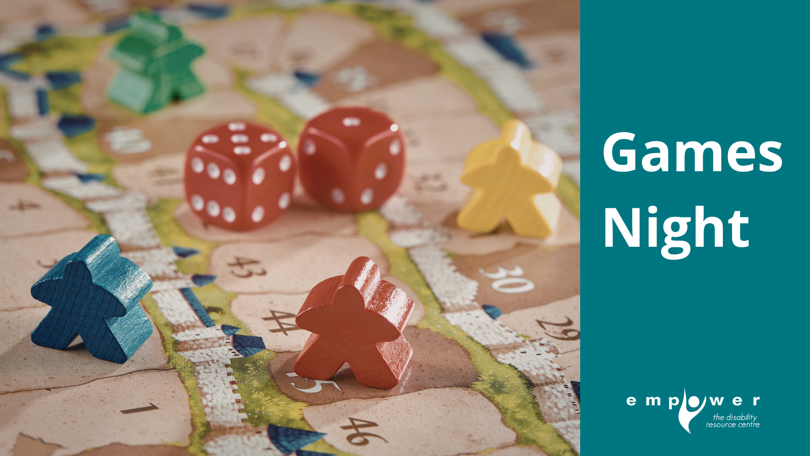 Close up of a board game with dice and colorful wooden people. Title reads Games Night. The EmpowerNL logo is in the lower right corner.