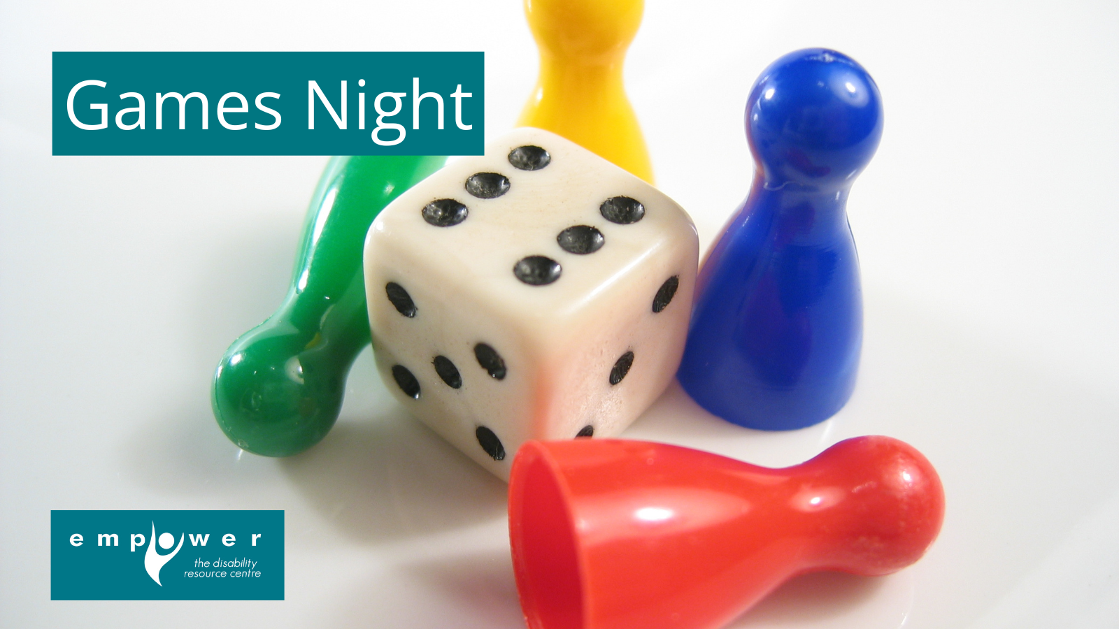 A dice is surrounded by four colorful player pieces. Title reads Games Night. The Empower N L logo is in the lower left corner.
