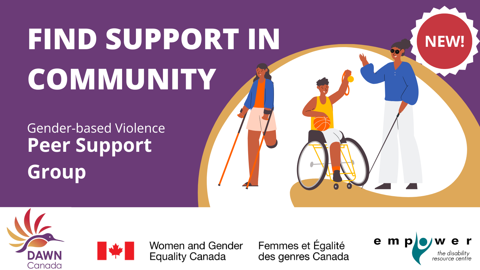 A group of three disabled people, one blind, one using a crutch and a third using a wheelchair. Title reads Find Support in Community. Text reads Gender based violence Peer Support Group. The logos of DAWN Canada, WAGE and EmpowerNL are across the bottom.