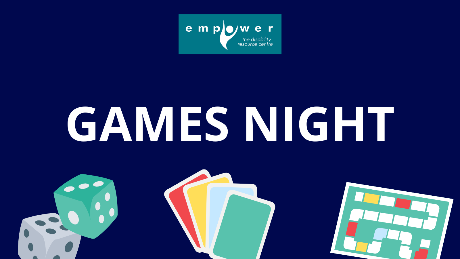 Across the bottom are images of dice, cards and a board game. Title reads Games Night. The EmpowerNL logo is centered at the top.
