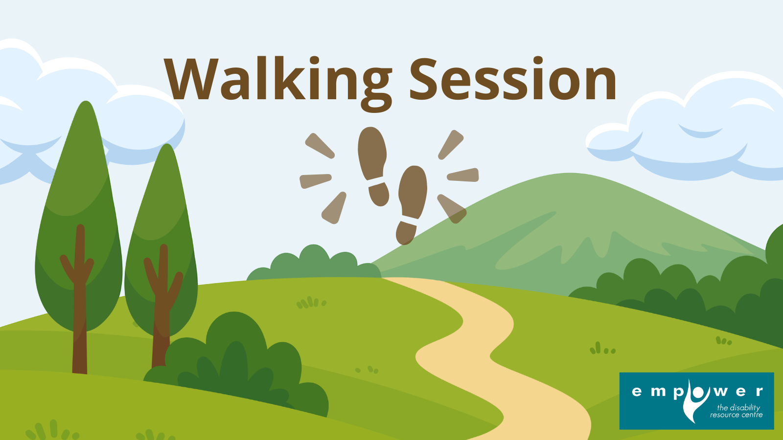 Grassy landscape with trees and shrubs has a walking path running through it heading towards mountains in the background. Title reads Walking Session. The Empower N L logo is in the lower right corner.