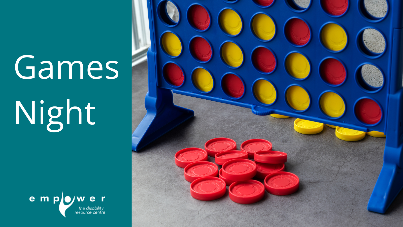 A game of Connect Four is on a table with a bunch of red playing discs. Title reads Games Night. The EmpowerNL logo is in the lower left corner.