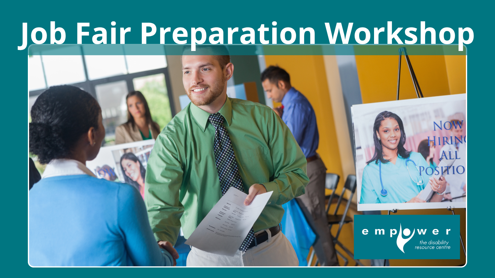A man in dress shirt and tie shakes the hand of a woman wearing scrubs while handing her a sheet of paper. Title reads Job Fair Preparation Workshop. The EmpowerNL logo is in the lower right corner.