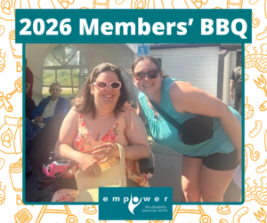 EmpowerNL staff and member smile in the sun at the 2026 BBQ. Title reads 2026 Members' BBQ. The EmpowerNL logo is centered at the bottom.