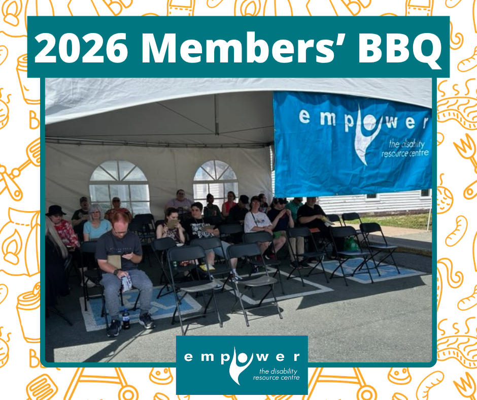EmpowerNL members sit in the shade of the marquis tent during our 2026 BBQ. Title reads 2026 Members' BBQ. The EmpowerNL logo is centered at the bottom.