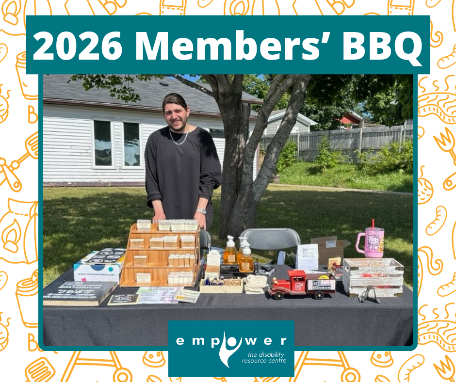 EmpowerNL's Youth Ventures Coordinator Abe stands behind his table of products at the 2026 BBQ. Title reads 2026 Members' BBQ. The EmpowerNL logo is centered at the bottom.
