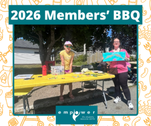 EmpowerNL Youth Ventures participants stand behind and next to their table, one holding up a painting. Title reads 2026 Members' BBQ. The EmpowerNL logo is centered at the bottom.