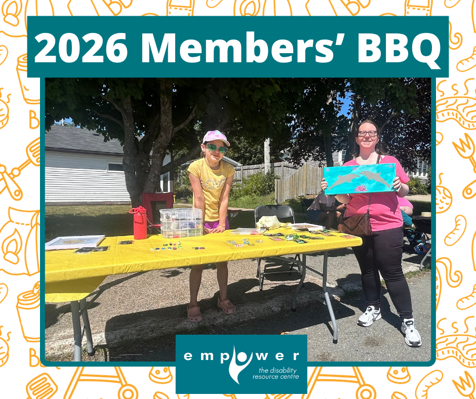 EmpowerNL Youth Ventures participants stand behind and next to their table, one holding up a painting. Title reads 2026 Members' BBQ. The EmpowerNL logo is centered at the bottom.