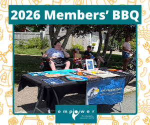 An EmpowerNL Youth Ventures participant sits in the shade behind their table at the 2026 BBQ. Title reads 2026 Members' BBQ. The EmpowerNL logo is centered at the bottom.