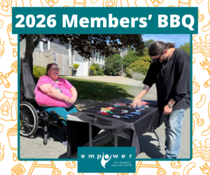 EmpowerNL's Youth Ventures Coordinator Abe checks out the products of one of his participants at the 2026 BBQ. Title reads 2026 Members' BBQ. The EmpowerNL logo is centered at the bottom.
