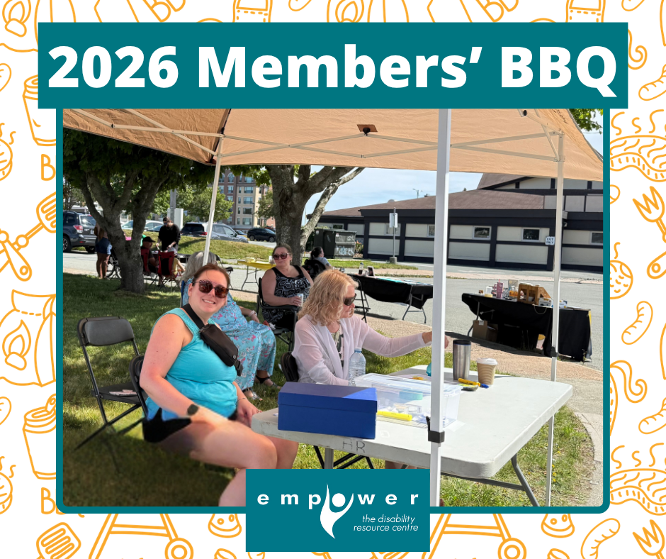 EmpowerNL staff Nina and Sharon sit at the registration desk for the 2026 BBQ. Title reads 2026 Members' BBQ. The EmpowerNL logo is centered at the bottom.