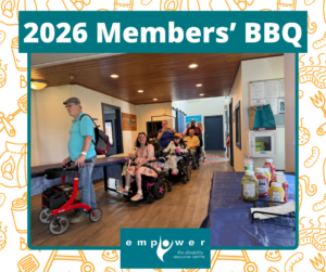 EmpowerNL members line up for food inside the centre at the 2026 BBQ. Title reads 2026 Members' BBQ. The EmpowerNL logo is centered at the bottom.