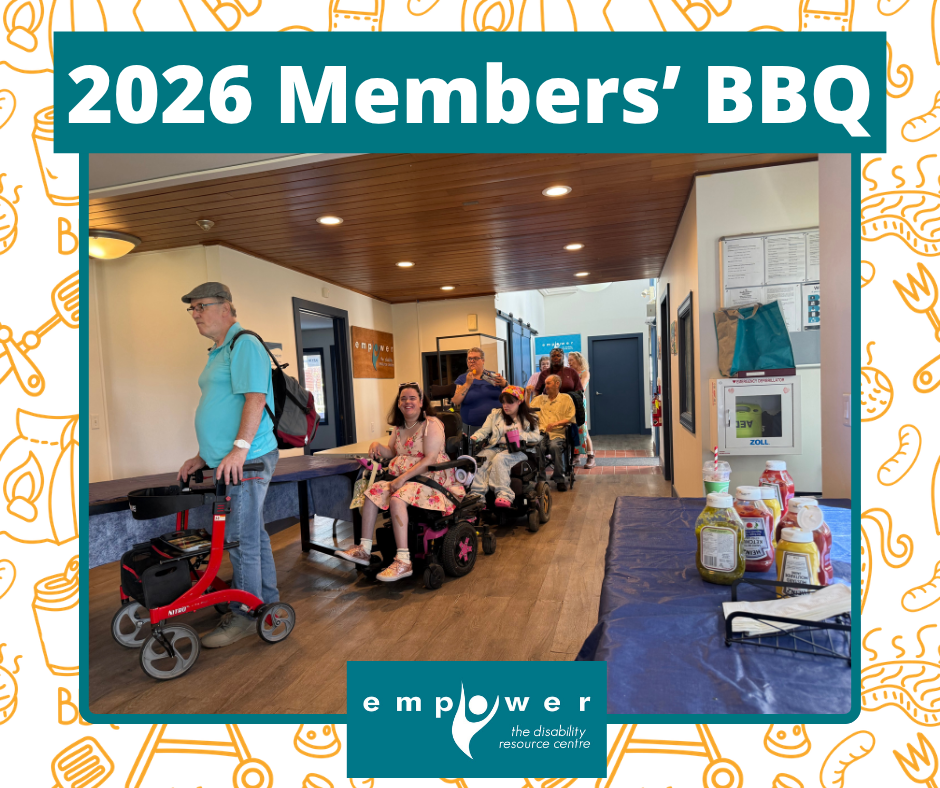 EmpowerNL members line up for food inside the centre at the 2026 BBQ. Title reads 2026 Members' BBQ. The EmpowerNL logo is centered at the bottom.