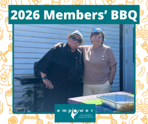 EmpowerNL volunteers smile while getting ready to grill at the 2026 BBQ. Title reads 2026 Members' BBQ. The EmpowerNL logo is centered at the bottom.