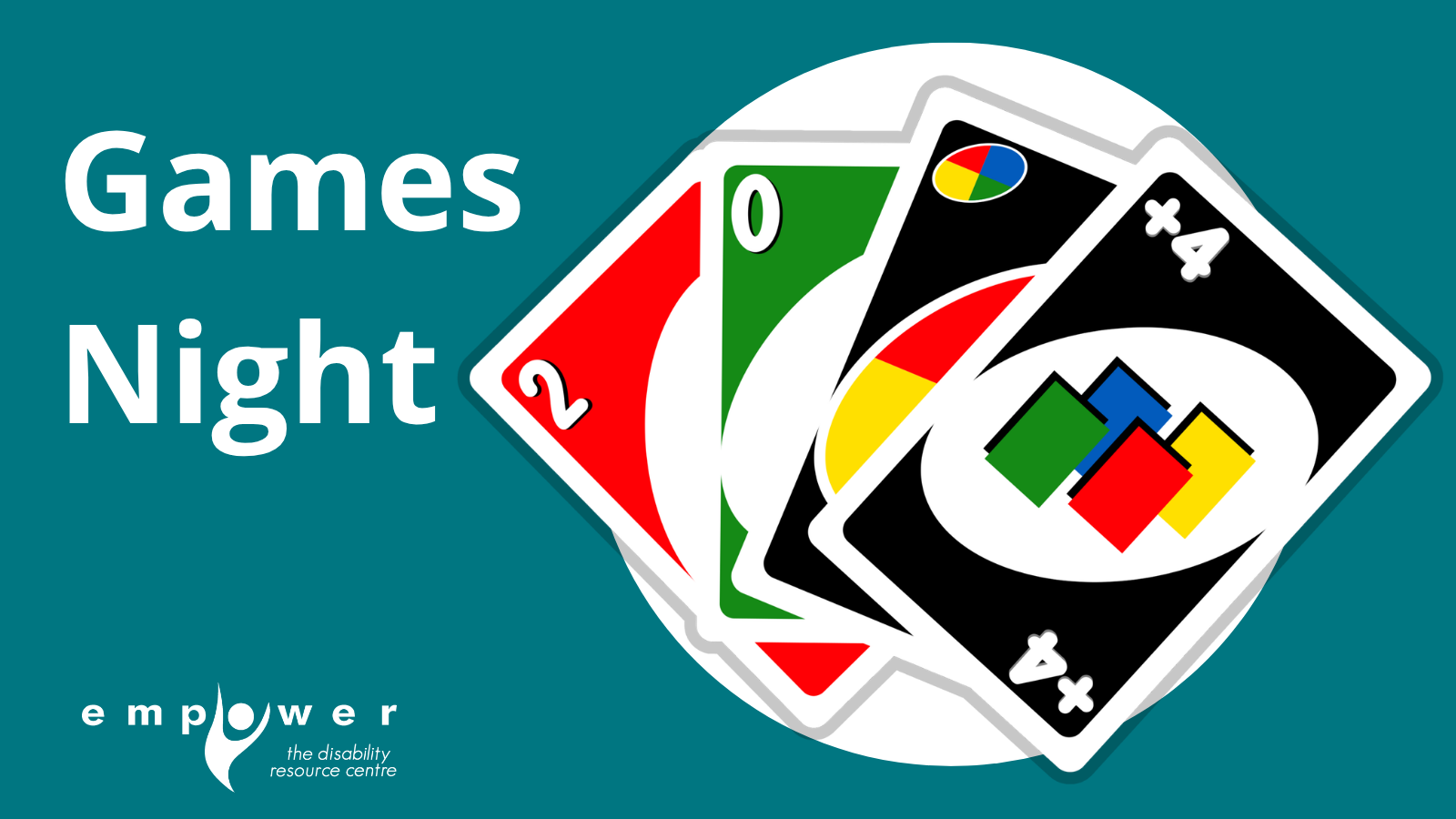 On the right are four Uno cards displayed in a fan. The title reads Games Night. The EmpowerNL logo is in the lower left corner.
